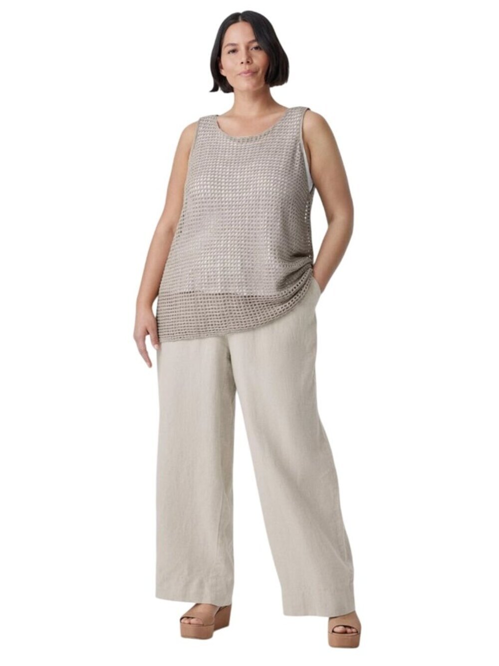 Eileen Fisher Organic Linen Wide Leg Pants Beige Elastic Waist Pockets Size 1X